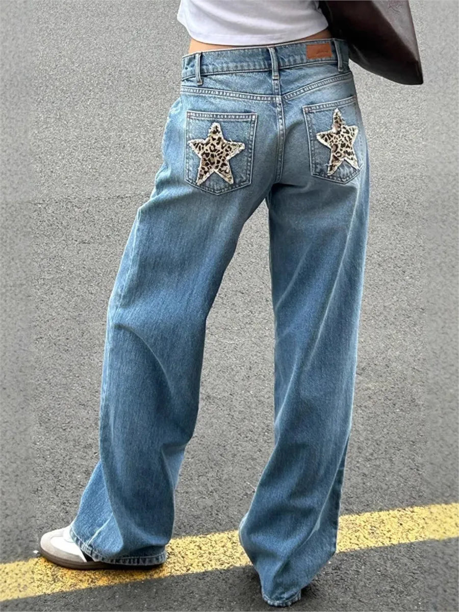 Retro Star Patchwork Jeans Women Summer New High Waist Pockets Straight Denim Pants American Vintage Loose Baggy Trousers Y2K