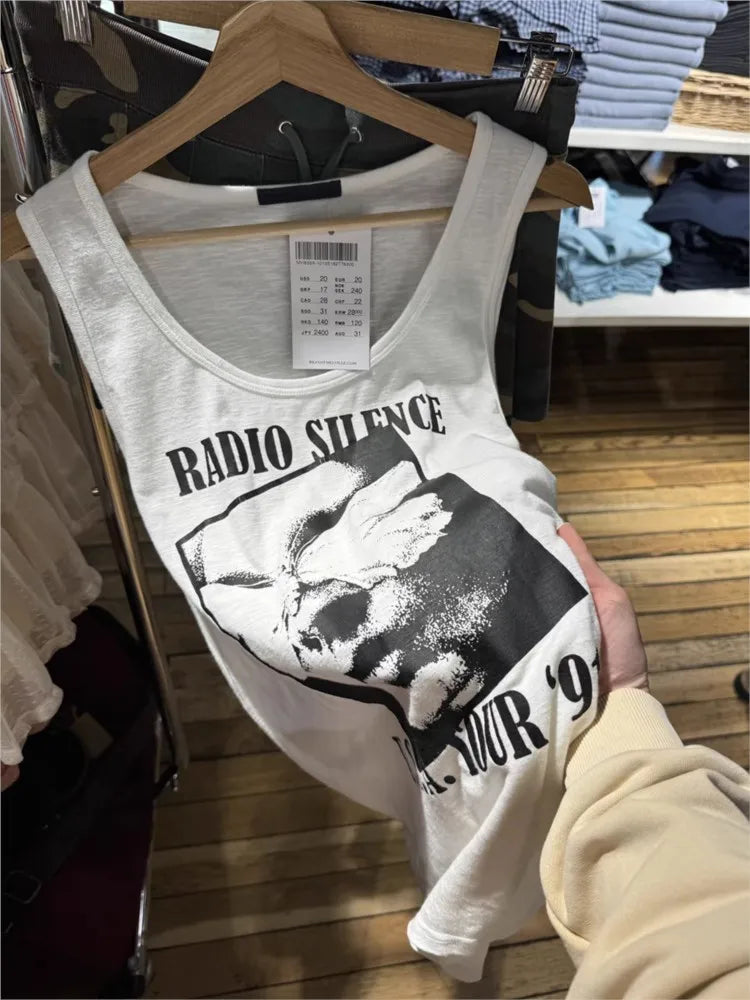 Letter Print Loose Long Tank Tops Women Summer Slub Cotton U Collar Sleeveless Vest American Vintage Preppy Style Camisole Y2K