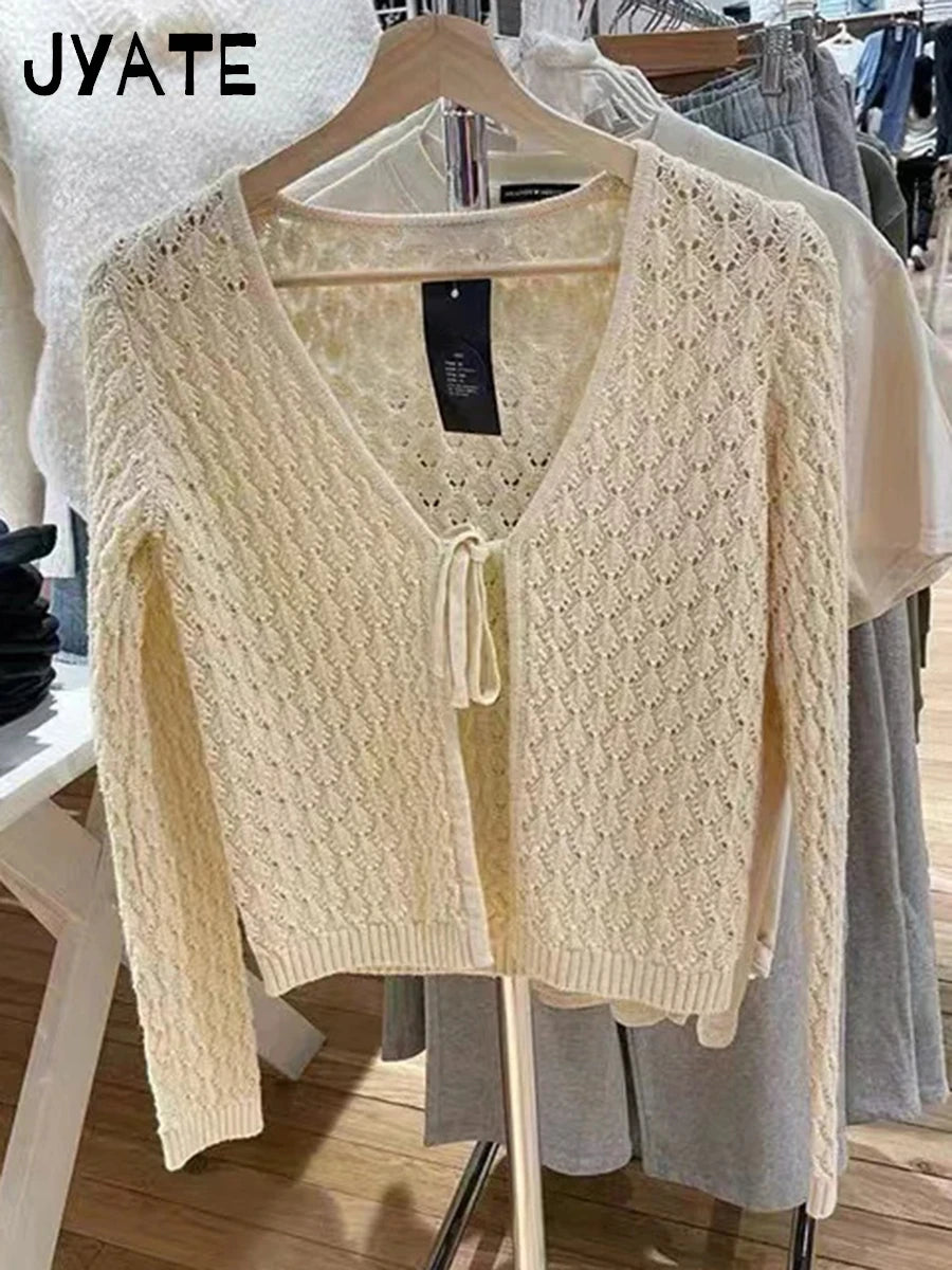 Hollow Out Lace-up Long Sleeve Tee Women Spring New Casual Cotton Solid V-neck Knitted T-shirts Sweet Cute Vintage Crop Tops Y2K