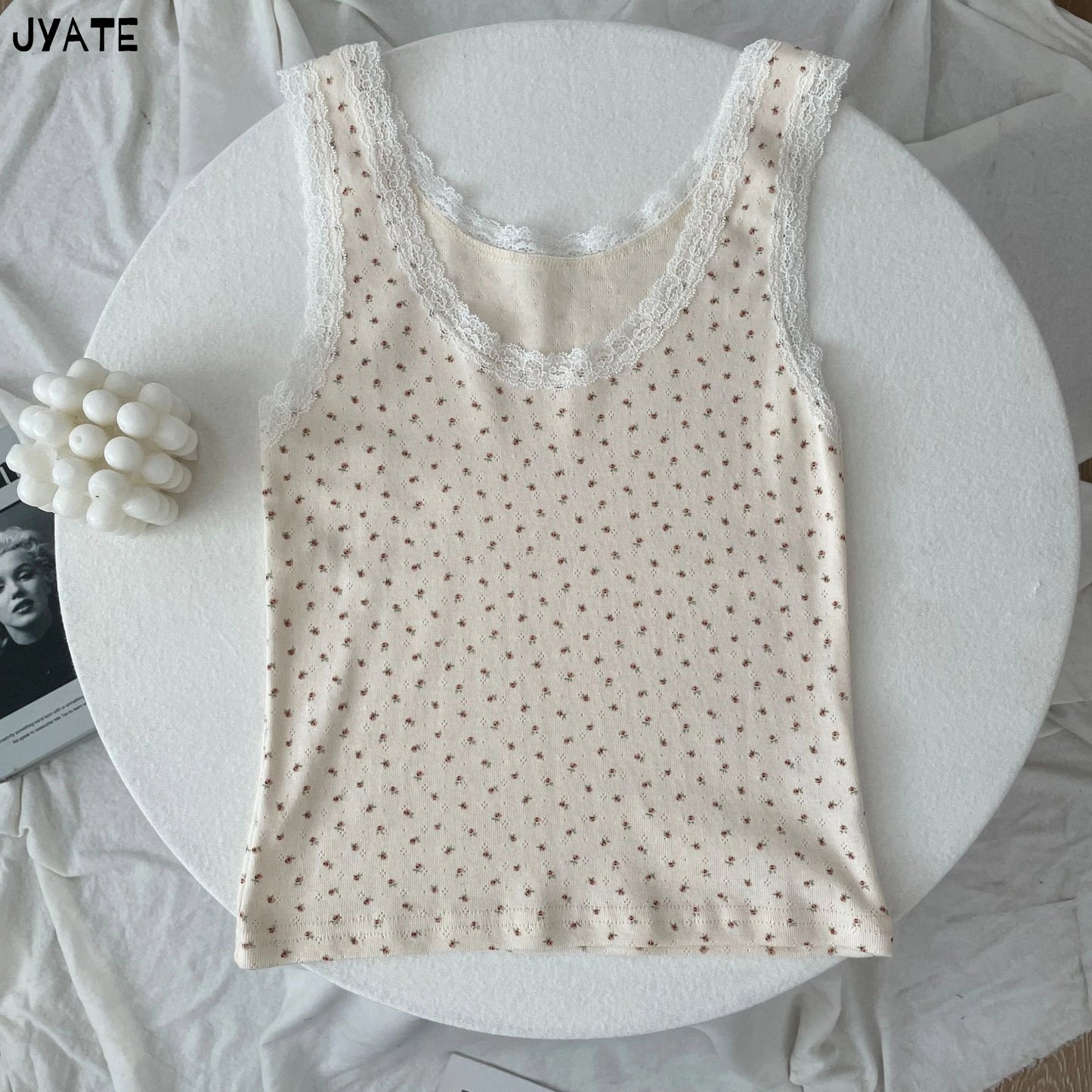Lace Trim Floral Print Tank Tops Women Summer Cotton Casual Simple U-neck Sleeveless Slim Vests Vintage Sweet Cute Crop Top Y2K
