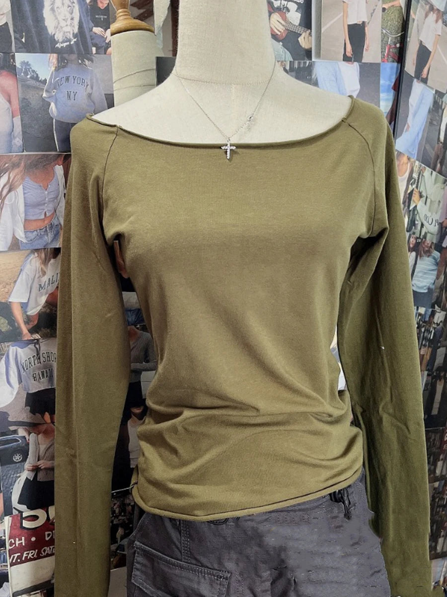 Rose Pink Raw Hem Long Sleeve Tees Women Autumn New Casual Cotton Slim Scoop Neck Crop Tops Femme Sweet Vintage Cute T-shirts