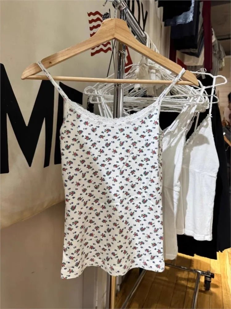 Red Floral Eyelet Slim Tank Top Women Spring Lace Trim Sleeveless Cotton Crop Tops Casual Sweet Cute Preppy Style Y2K Camisole