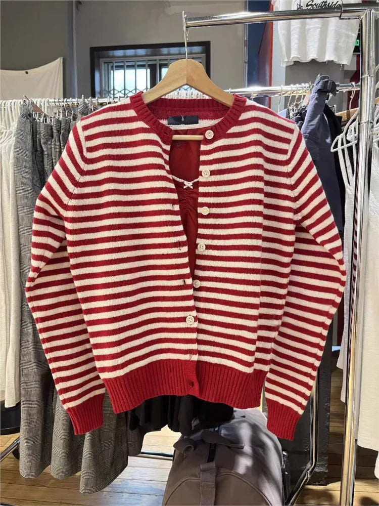 Sweet Red Striped Knitted Sweater Cardigan Women Round Neck Single Breasted Cotton Knitwear Preppy Style Sweaters Coat Tops Y2K