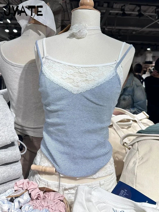 Sexy Lace Trim Cotton V-neck Camisole Women Summer New Blue Striped Casual Slim Sleeveless Vest Sweet Vintage Chic Tank Tops Y2K
