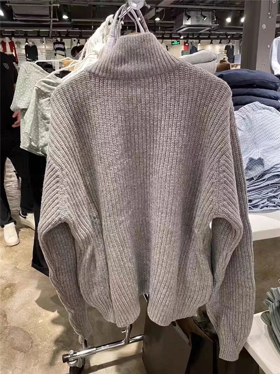 Vintage Zipper Mock Neck Oversized Sweater Women Autumn Loose Long Sleeve Jumper Fashion Sweet Preppy Style Pullover Tops Y2K