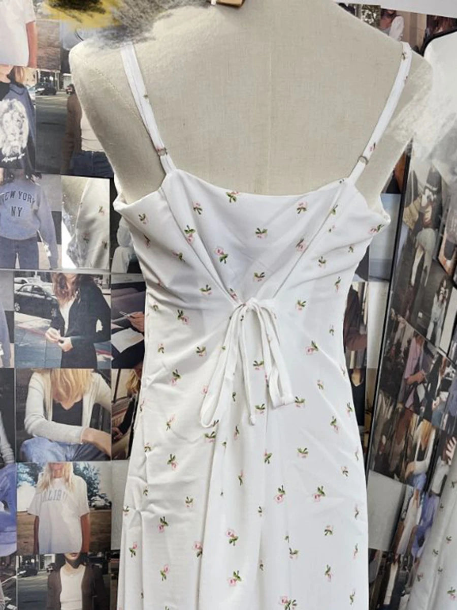 Sweet Floral Print Sexy Backless Camis Dress Women Summer Chiffon High Waist Sleeveless Long Dresses Vintage Cute Y2K Vestidos