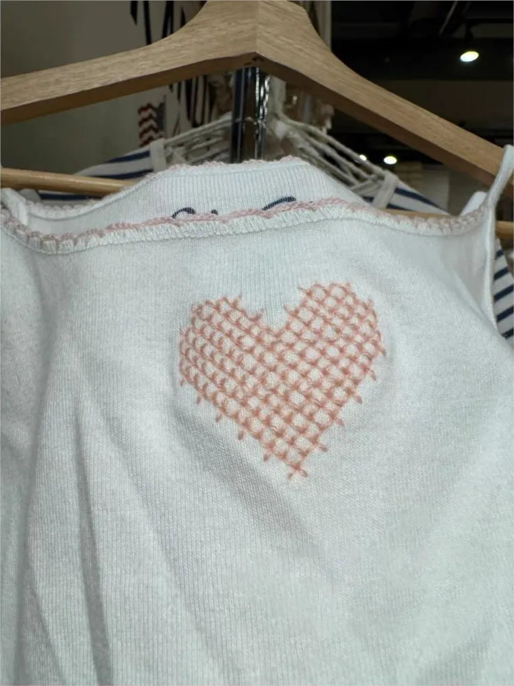 Pink Heart Embroidery Slim Tank Top for Women Summer Cotton Casual Lace Trim Sleeveless Camisole Sweet Cute Preppy Style Y2K Top