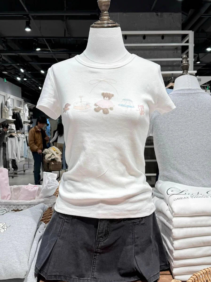 Cartoon Print Slim T-shirts Woman Summer Casual O-neck Cotton Short Sleeve T-shirts Female Cute Sweet Preppy Style Tee Tops y2k