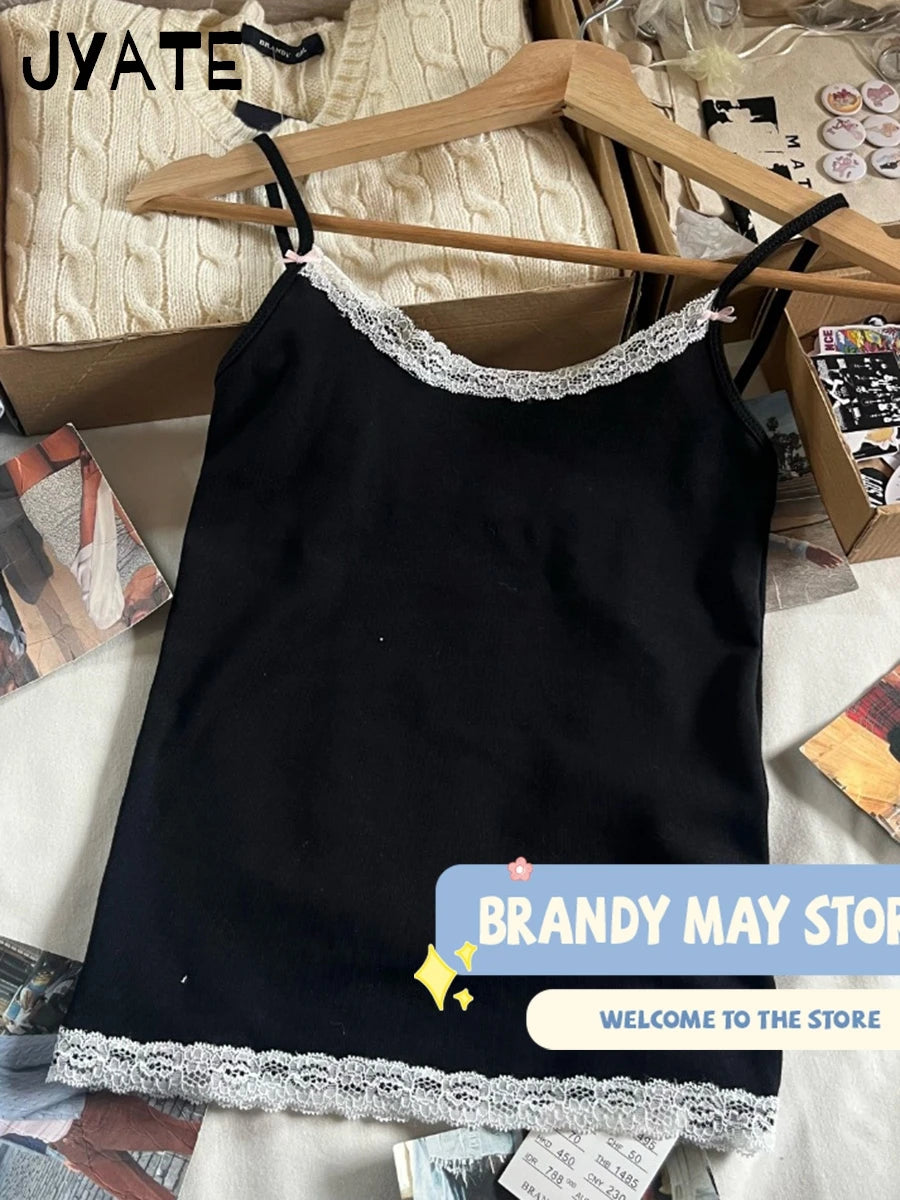 Harajuku Lace Trim U-neck Tank Tops Women New Cotton Sexy Slim Streetwear Bow Sleeveless Vests Vintage Chic Sweet Camisole Y2K