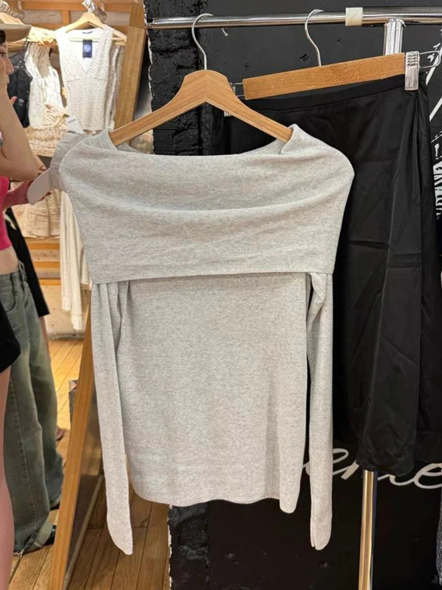 Simple Gray Knitted Long Sleeve T-shirts Women Autumn Soft Cotton Sexy Slash Neck Slim Tees Sweet Streetwear Sweet Tshirts Y2K