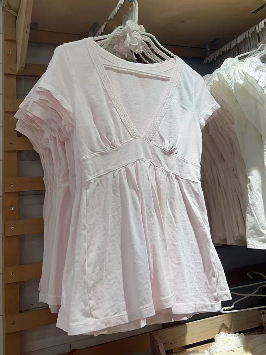 Pink Deep V-neck Long T-shirts Women Summer Casual Cute Short Sleeve Slim Tee Shirts Sweet Simple All-match Cotton Tshirt y2k