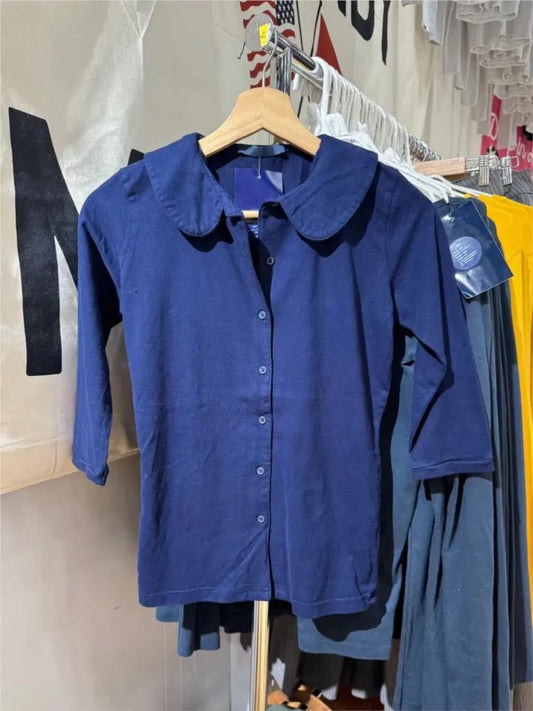 Cute Navy Button BabyDoll Tops Women New Cotton Casual Turn-down Collar Half Sleeve Tees Female Y2K Sweet Preppy Style T-shirts