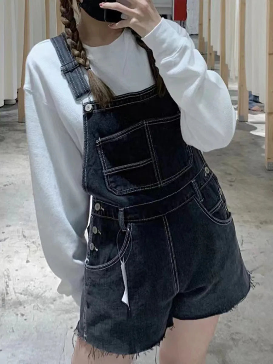 Fashion Y2K Raw Hem Denim Overalls Women Summer Casual High Waist Pockets Straight Short Pants Streetwear Vintage Shorts Sweet