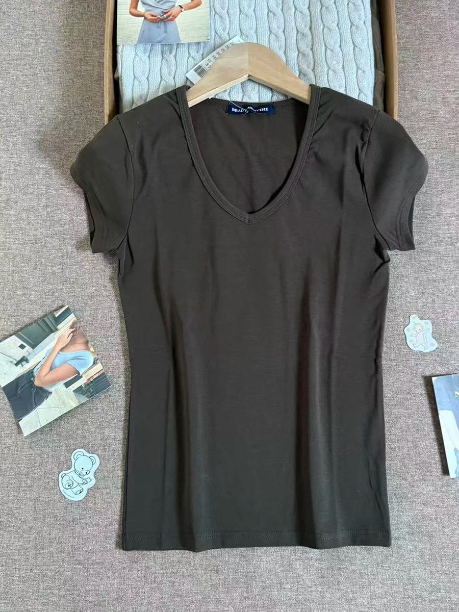 Sweet Gray Lace Trim V-neck Short Sleeve Tee Women New Cotton Casual Simple Slim Tops Clothes Vintage Basic Preppy Style T-shirt