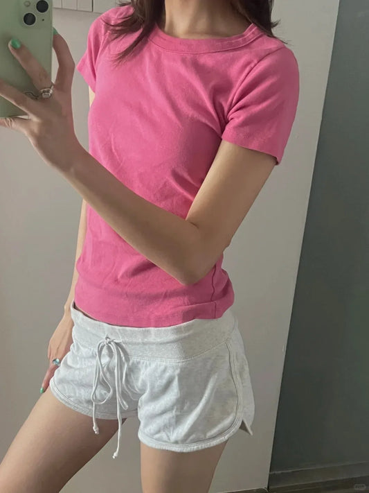 Rose Red Round Neck T-shirt Women Summer Simple Basic Slim Short Sleeve Cotton Classic Tees Female Streetwear Y2K Sweet Crop Top