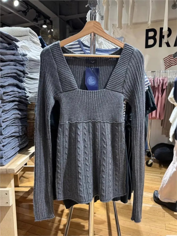 Square Neck Raw Hem Knitwear Women Cotton Streetwear Twisted Flower Long Sleeve Pullover Top Vintage Preppy Style Sweet Sweaters