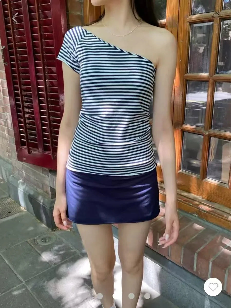 Off-shoulder Style Striped T-shirts Women Summer Sexy Slim Cotton Short Sleeve Tee Female Vintage Sweet Chic Tshirt Y2K Tops New
