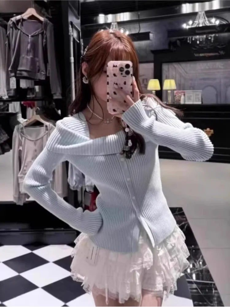 Off-the-shoulder Knitted Sweater Women Spring Streetwear Sexy Button Jumper Blue Sweet Preppy Style Sweaters Y2K