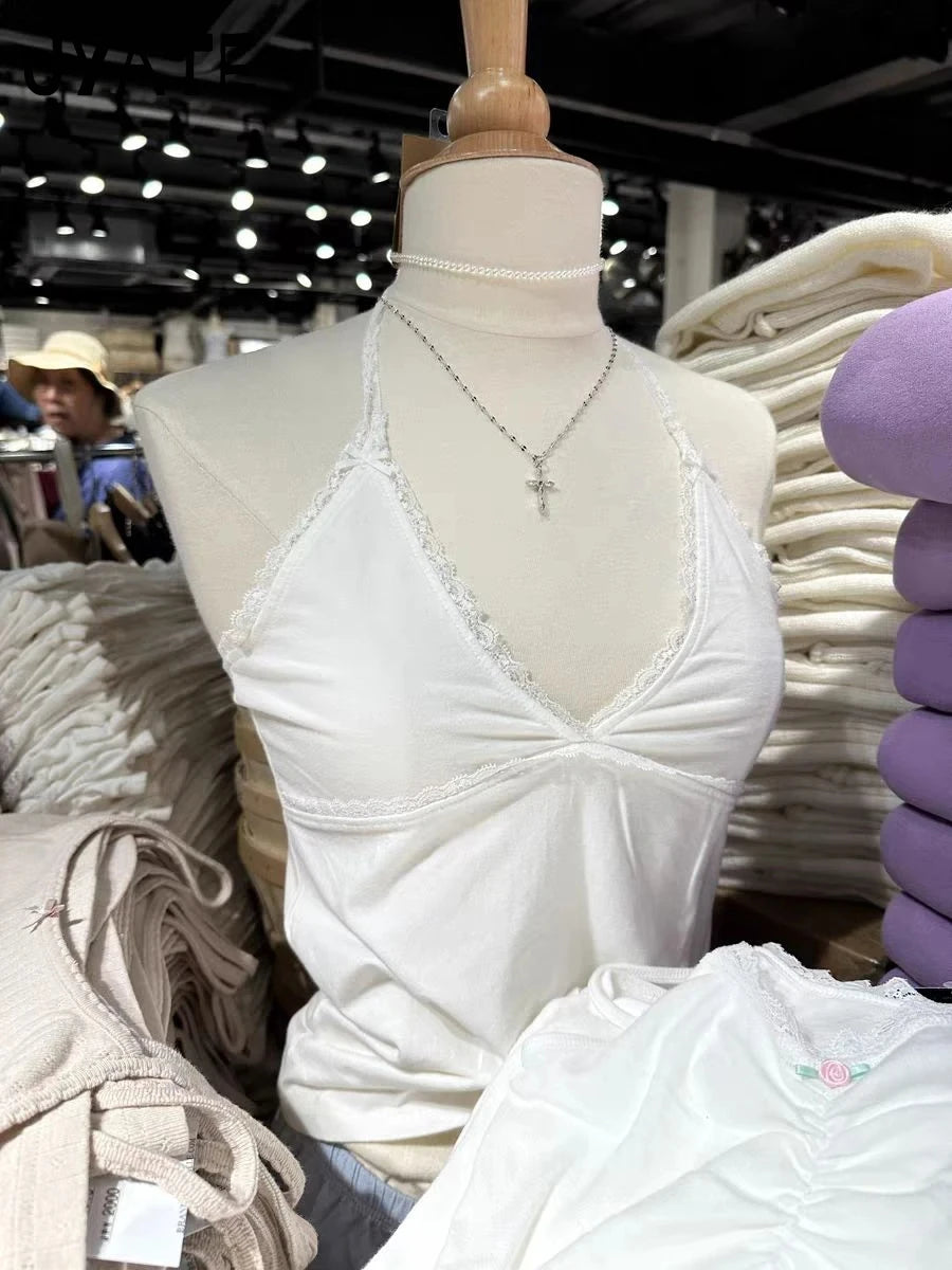 Sweet Lace Trim Halter Tank Tops Woman Summer Cotton Bow Sexy V-neck Slim Casual Cropped Vests Vintage Preppy Style Camisole Y2K