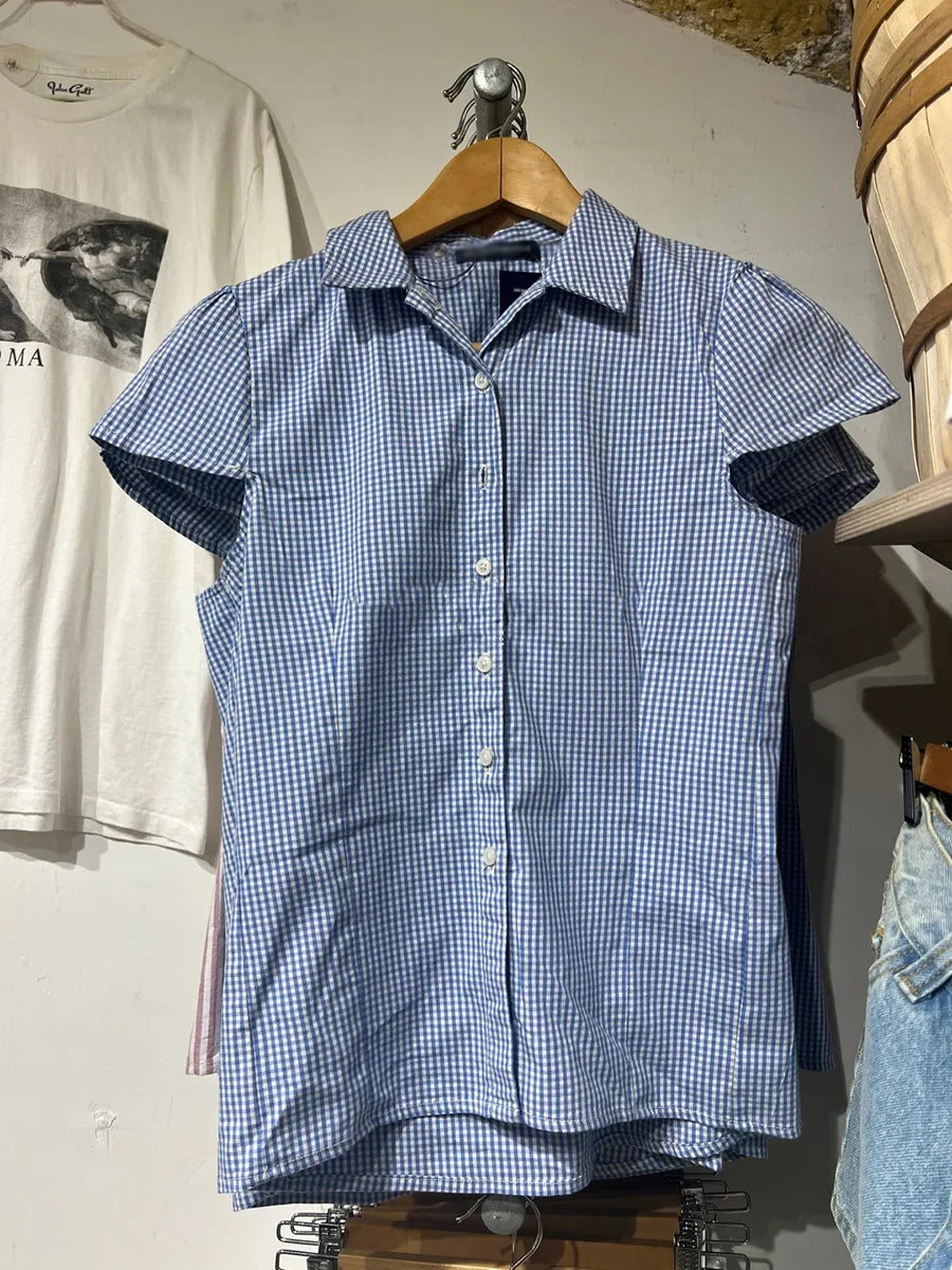 Retro Red Buttons Blouse Women Summer New Streetwear Lapel Short Sleeve Tees Sweet Vintage Cute Preppy Style T-shirts Y2K Tops