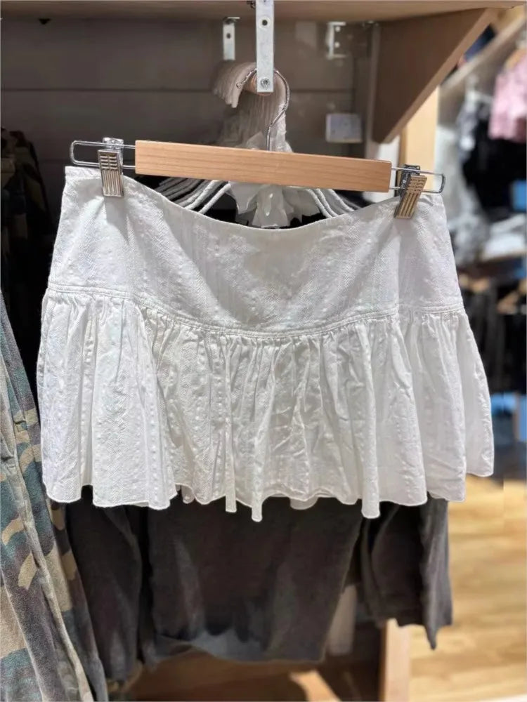 Lace-up A-line Shirks Women Summer Simple Cotton Low Waist Elastic Eyelet Pleated Mini Skirts Sweet Cute Streetwear Falda Y2K