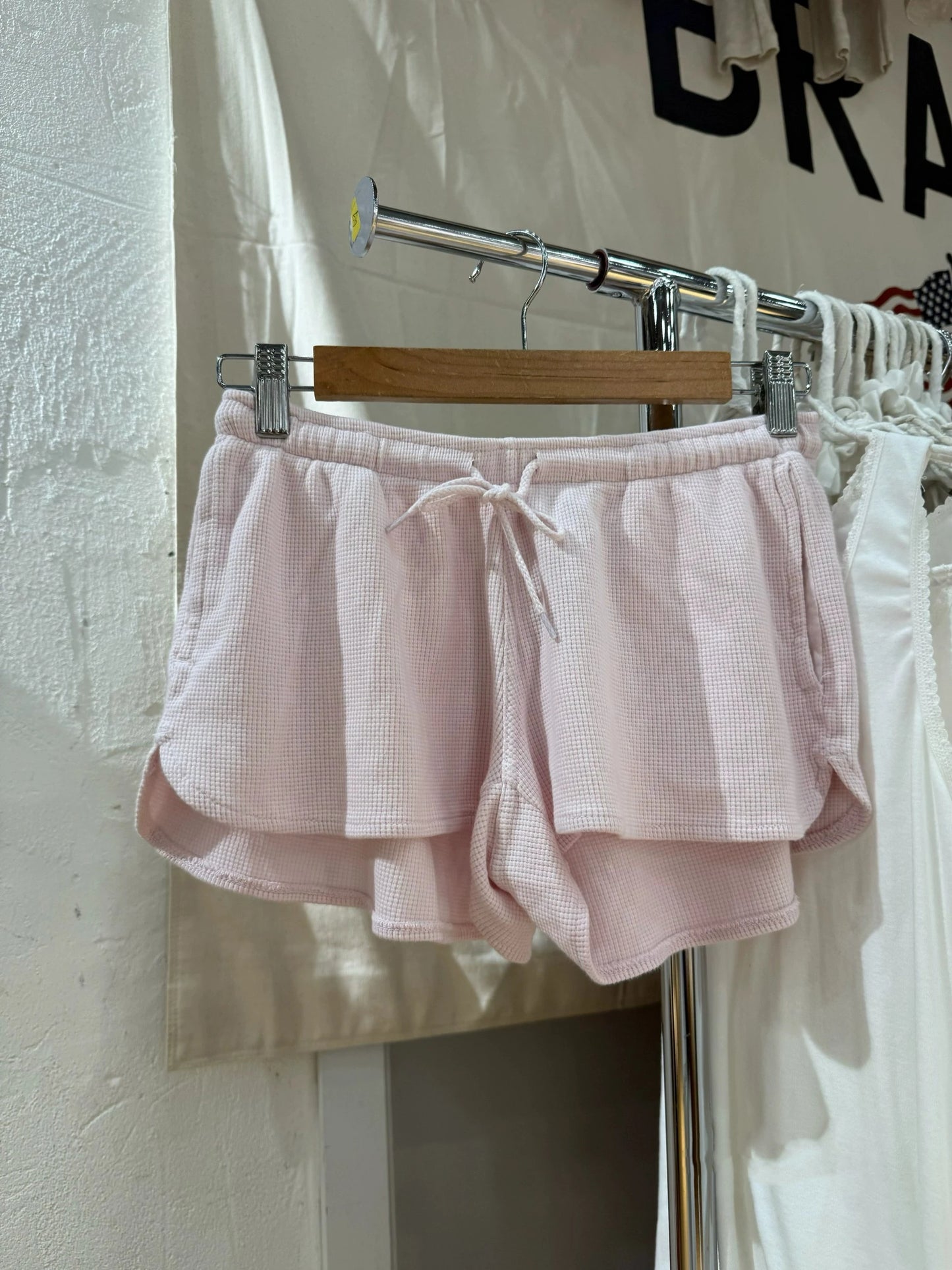 Sweet Pink Waffle Sports Shorts Women New Casual Pockets Drawstring Elastic High Waist Short Cute Preppy Style Short Pants Y2K
