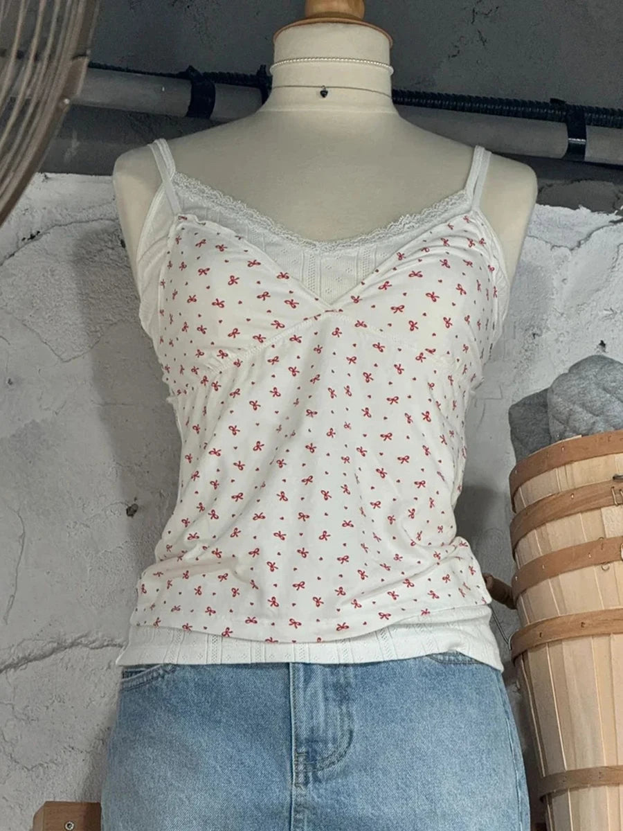New Black Dot Fungus Trim Bow Crop Top Women Summer Cotton Slim V-neck Sleeveless Camisole Sweet Cute Preppy Style Tank Tops Y2K