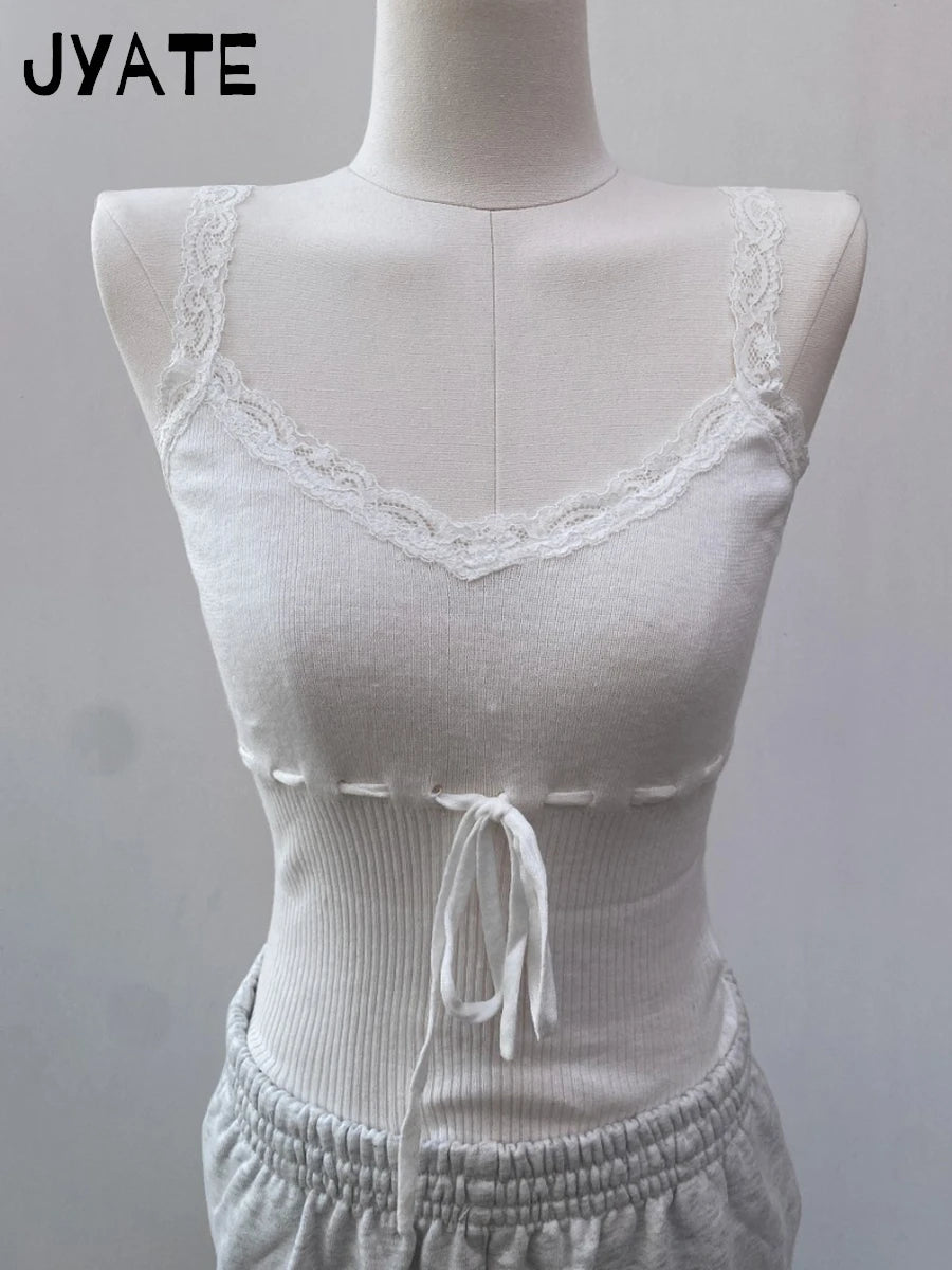 Sweet White Lace Trim Drawstring Knit Tank Tops Women Summer New Simple Cotton Slim High Waist Camis Cute Vintage Chic Vests Y2K
