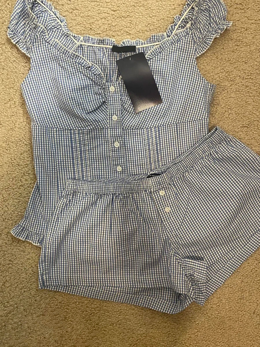 Blue Striped Blouse T-shirt Short Set Women Summer Buttons Slim Tees+Straight Sweatshorts Outfits Sweet Home Pajama 2 Piece Sets