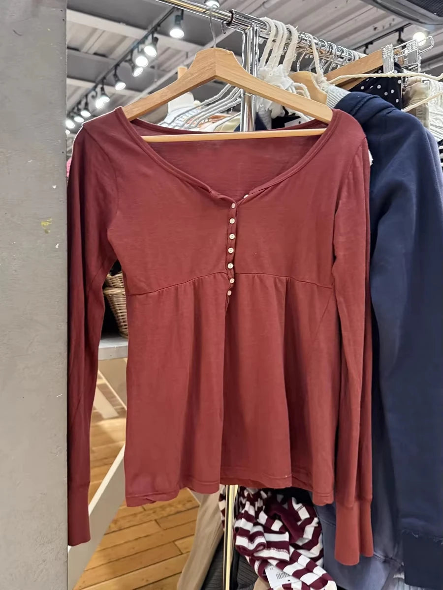 Buttons Burgundy Long Sleeve T-shirts Woman Spring O-neck A-line Cotton Tee Tops Female Casual Simple All-match Tshirt