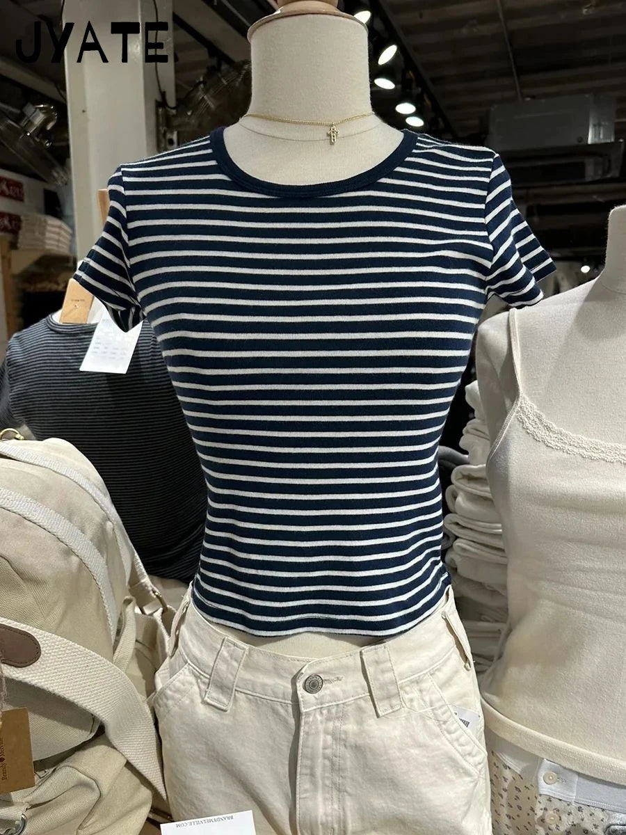 Navy Striped T-shirts Shorts 2 Pieces Set Women New Slim Cotton Soft O-neck Tee+Button Straight Short Pant Sweet Pajama Sets Y2K