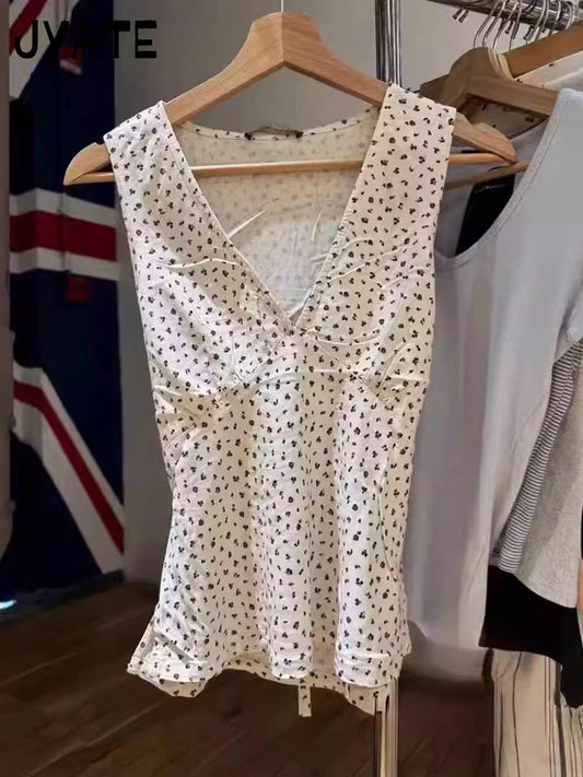 Sexy Floral Print V-neck Back Lace-up Tank Tops Women New Casual Slim Sweet Sleeveless Vests Preppy Style Vintage Crop Top Y2K