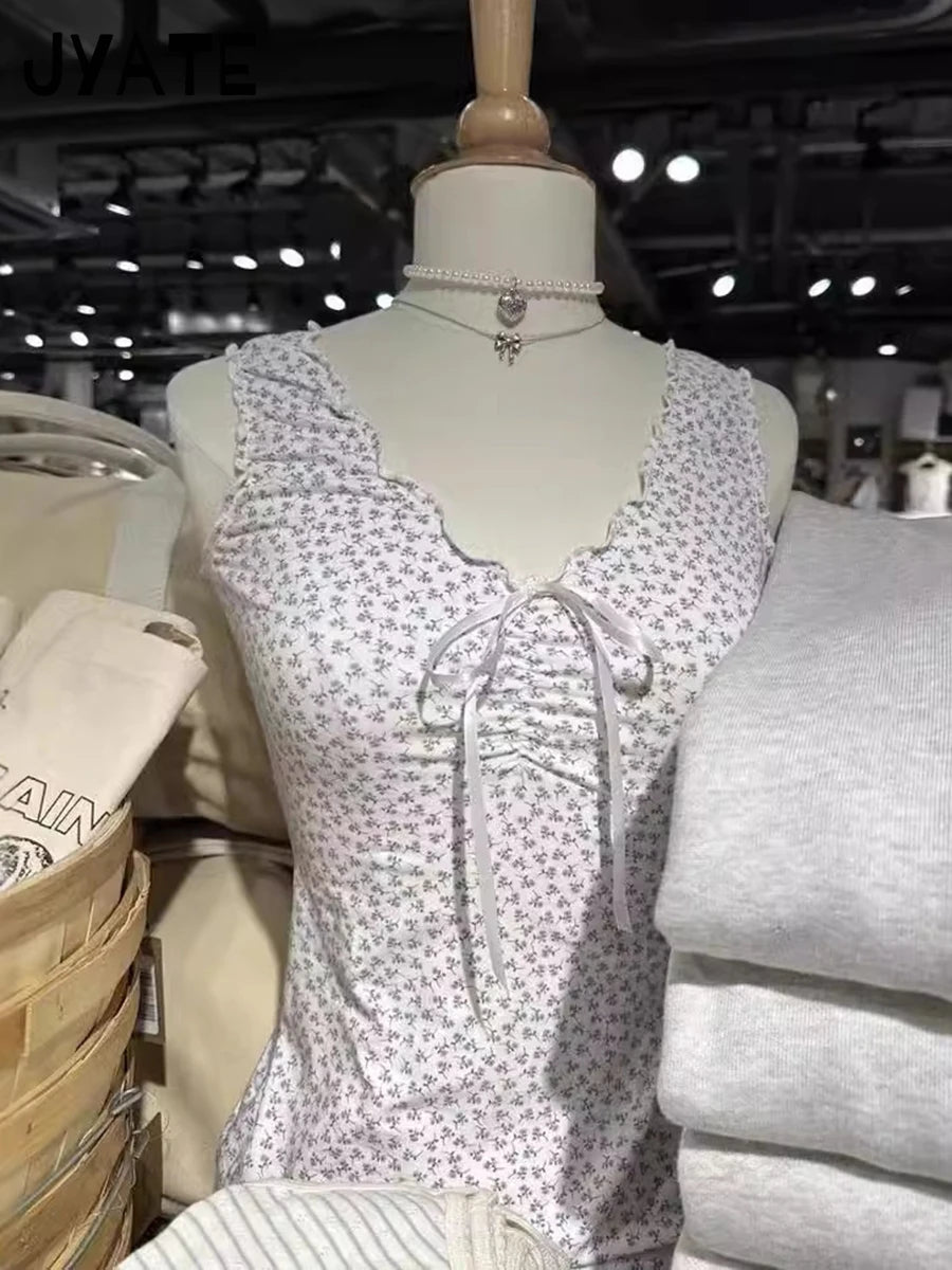 New Floral Print Fungus V-neck Tank Top Women New Cotton Preppy Style Casual Lace-up Folds Vests Sweet Cute Vintage Camisole Y2K