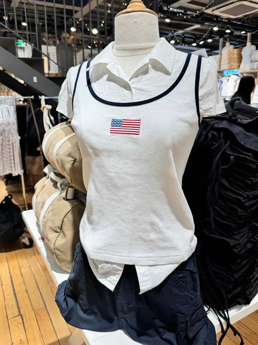 Harajuku Flag Embroidered Ribbed Tank Tops Women Spring New Casual Slim Preppy Style Sleeveless Vests Vintage Chi Y2K Camisole