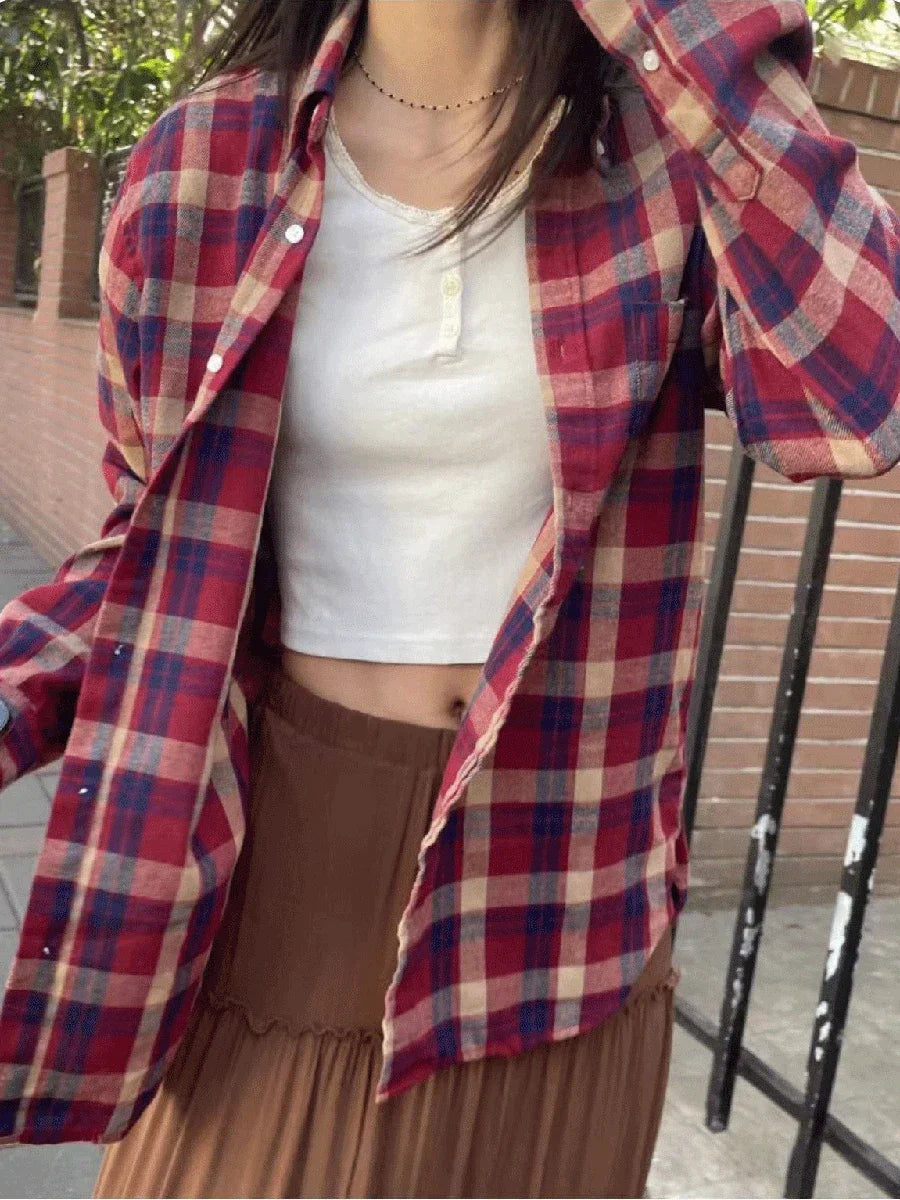 Chic Red Plaid Pocket Cotton Shirts Autumn Turn Down Collar Single-Breasted Cozy Loose Blouse Vintage Streetwear Oversized Tee