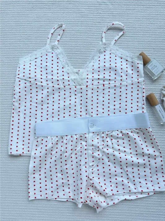 Cute Red Heart Print 2 piece Sets Women Summer Cotton Lace Trim V-neck Camisole+Short Pants Sweet Home Short Outfits Y2K