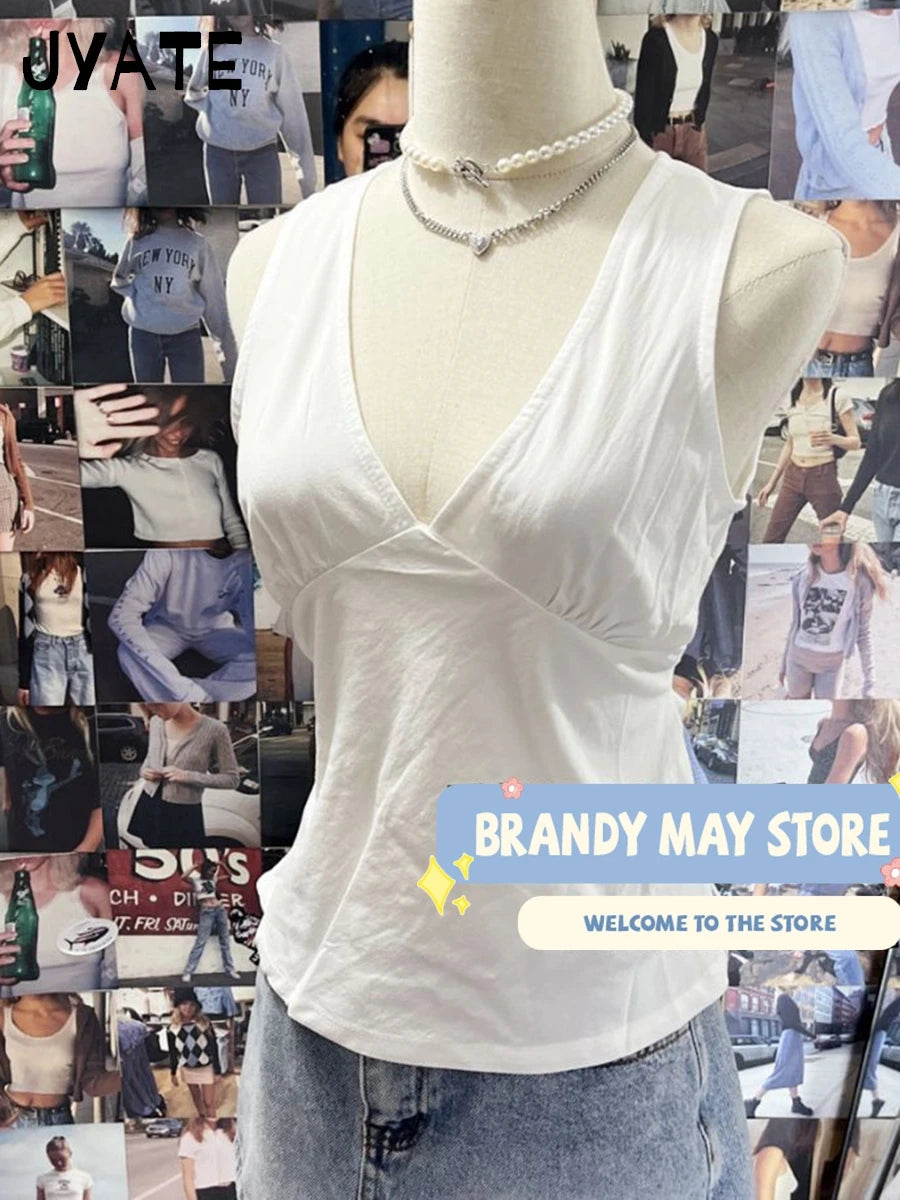 Simple Basic White V-neck Tank Tops Women 2024 New Cotton Streetwear Casual Slim Back Strap Vest Sweet Cute Vintage Camisole Y2K