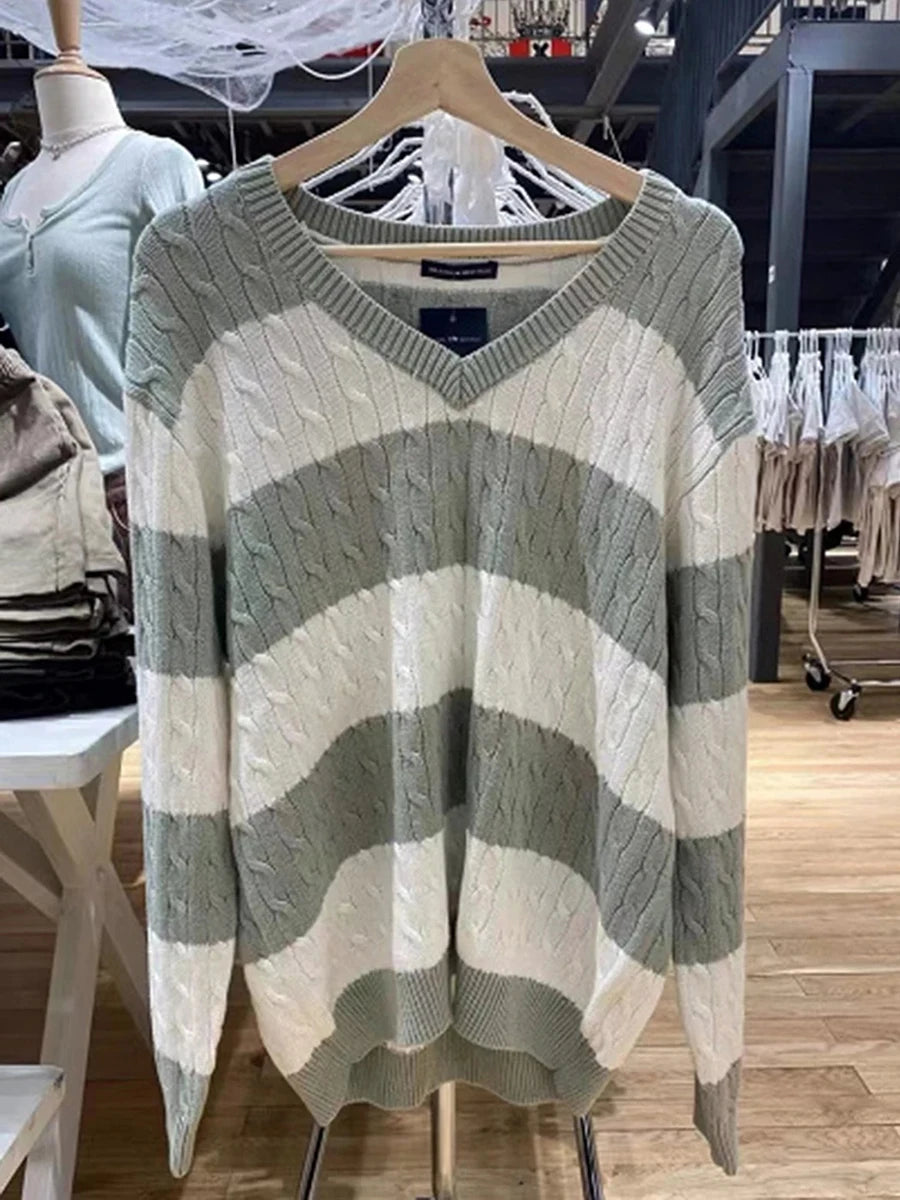 Fashion Twisted Floral Loose Knitted Sweater Women Autumn New V-neck Cotton Casual Chic Pullover Tops Streetwear Cute Jumper Y2K