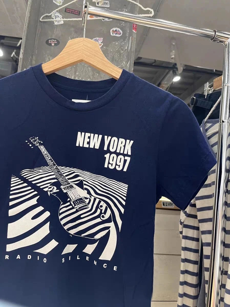 Navy Guitar Print Slim T-shirts Women Summer New Casual Streetwear O-neck Short Sleeve Tees Vintage Preppy Style Cotton Y2K Tops