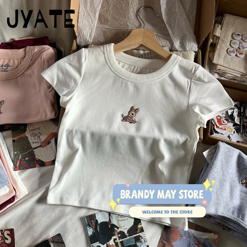 Little Deer Embroidery Crop Tops Women New Cotton Soft Casual Simple Cute Slim Short Sleeve Tees Preppy Style Sweet T-shirts Y2K