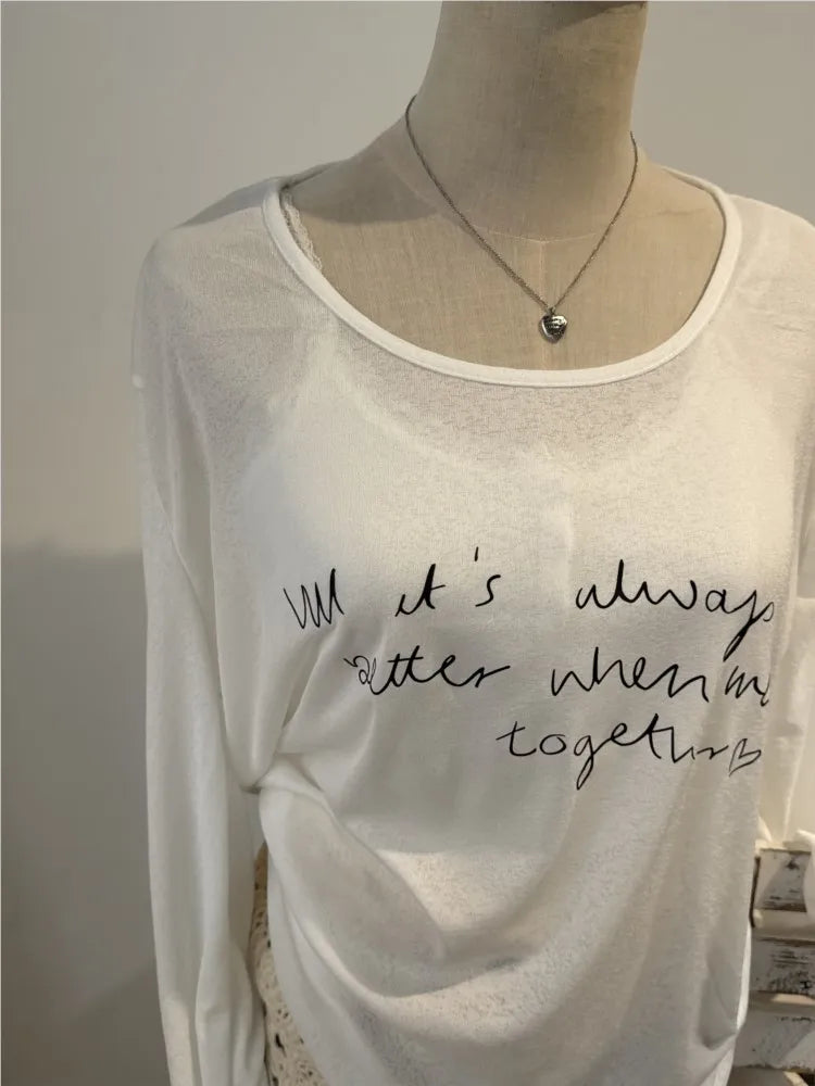Letter Print Thin Sun Protection T-shirts Women Summer New Cute Casual O-neck Long Sleeve Tees Sweet Chic Preppy Style Tops Y2K