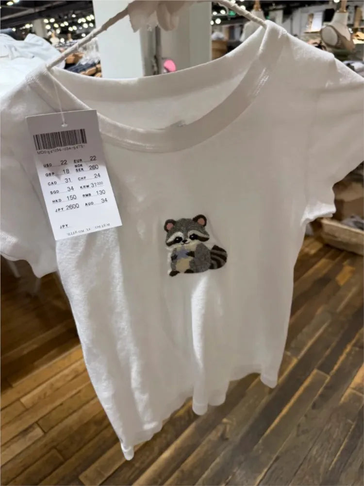 Cute Koala Embroidery Crop Tops Women Summer Casual Slim Cotton Cropped Short Sleeve Tees Female Sweet Preppy Style T-shirts Y2K