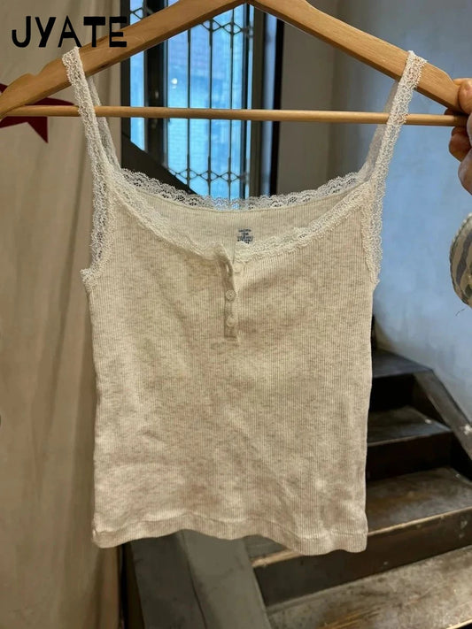 Gray Cotton Ribbed Slim Tank Tops Women Summer Lace Trim Buttons Casual Simple Sleeveless Vests Sweet Girls Cute Basic Camisole