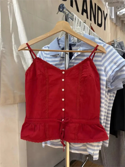 Red Lace Trim Cotton Tank Tops Women Summer New Casual Lace-up V-neck Sleeveless Vests Female Vintage Sweet Cute Camisole Y2K
