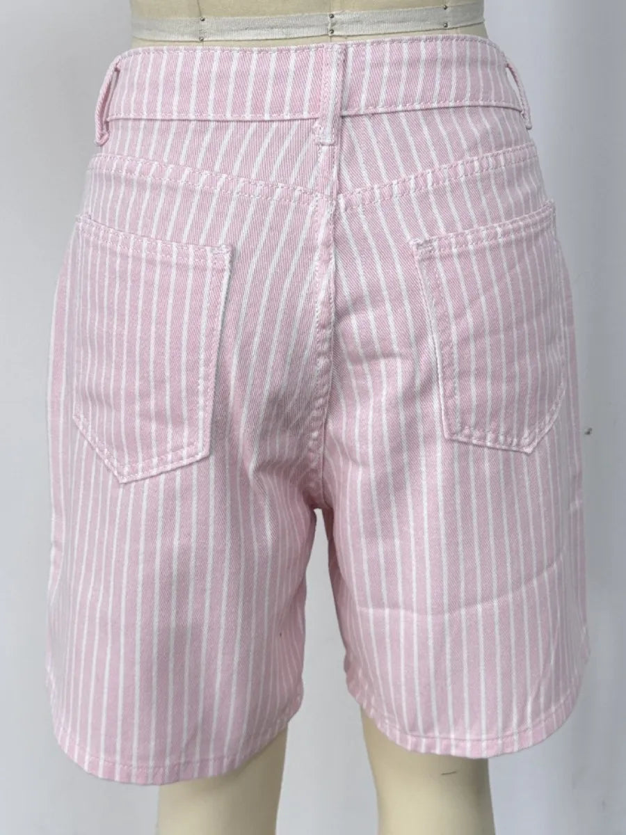Pink Striped Pockets Cargo Pants Women Casual Cotton Loose High Waist Button Short Pants Vintage Sweet Preppy Style Sweatshorts