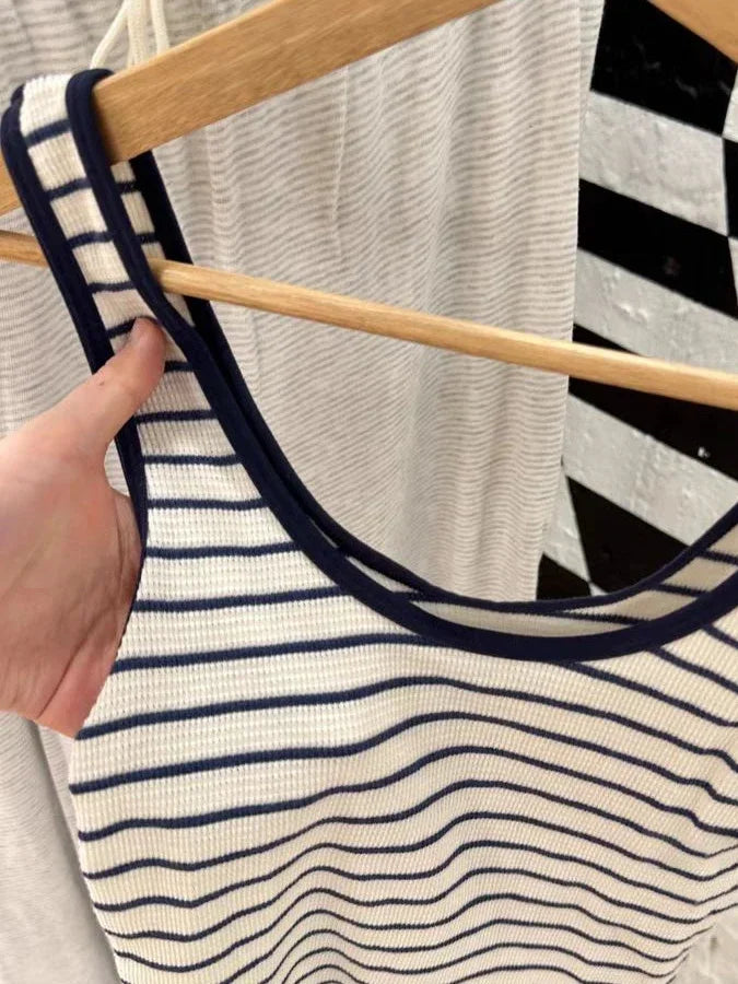 Vintage Navy Striped Waffle Slim Tank Top Women Summer New U Collar Sleeveless Camisole American Streetwear Sweet Vest Y2k Tops