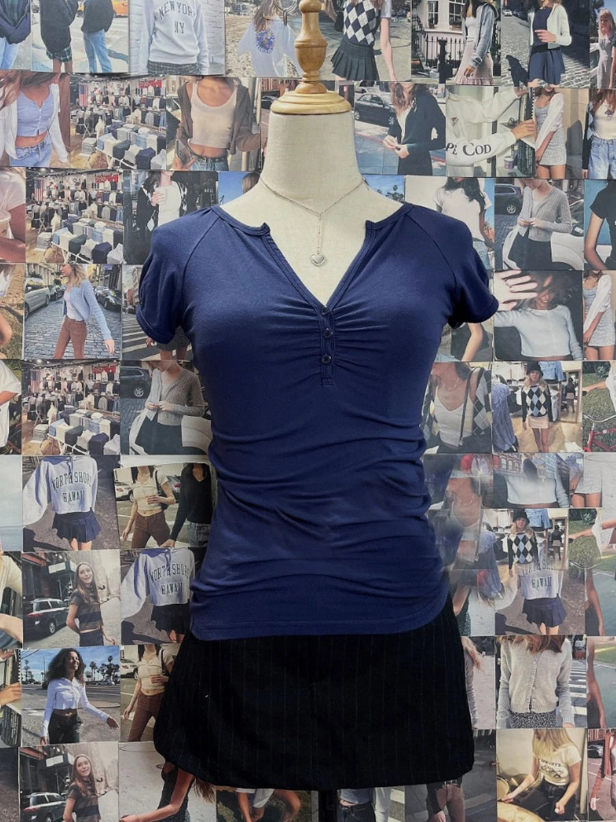 White V-neck Buttons T-shirts Women Simple All-match Casual Cotton Slim Short Sleeve Tee Sweet Cute Preppy Style Tshirt Y2K Tops