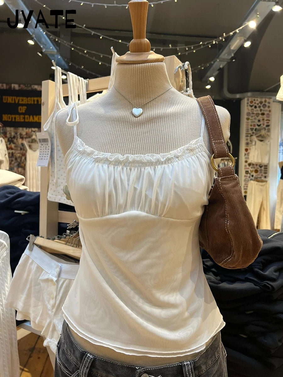 Simple Mesh Sheer Ruffle Tank Tops Women Summer Casual Lace-up Folds Sexy Shoulder Straps Camisole Sweet Cute Chic Crop Top Y2K