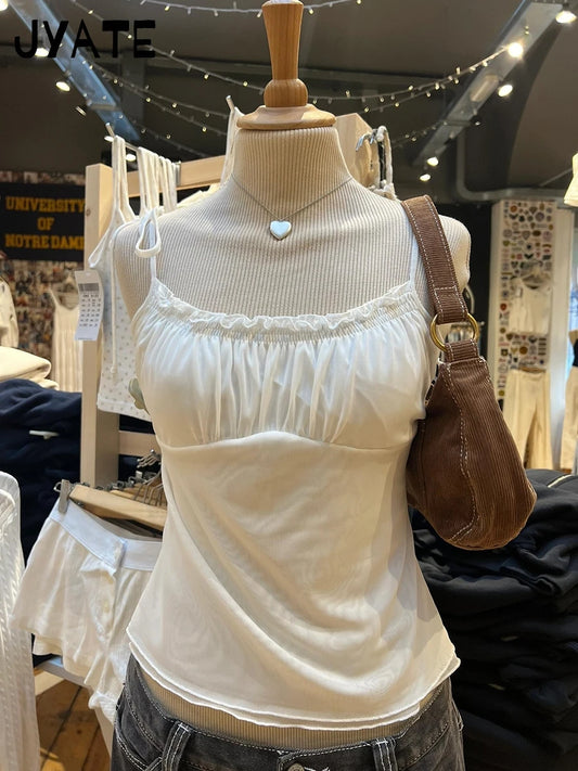 Simple Mesh Sheer Ruffle Tank Tops Women Summer Casual Lace-up Folds Sexy Shoulder Straps Camisole Sweet Cute Chic Crop Top Y2K