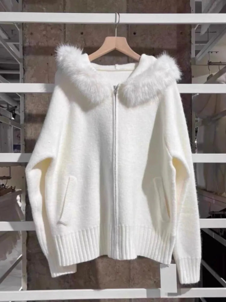 New Solid Plush Knitted Hooded Women Autumn Casual Pockets Cotton Warm Sweaters Tops Vintage Preppy Style Chic Sweater Cardigan